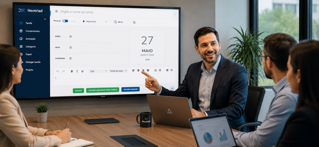 Gestor apresentando sistema Neotriad para organização de tarefas corporativas