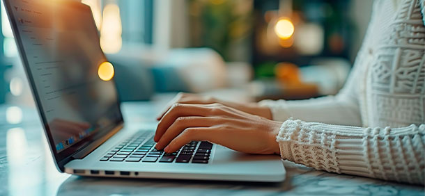 mãos femininas digitando no teclado do notebook sendo produtiva enquanto trabalha