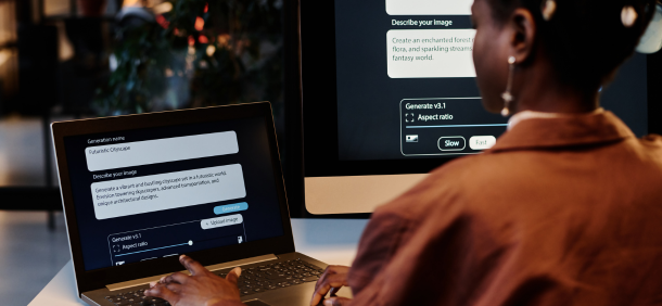 mulher negra utilizando ferramentas de IA para gerar conteúdos visuais em um ambiente de trabalho
